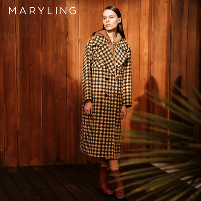 MARYLING玛俪琳2025秋季新品金棕撞色复古格纹长款大衣A1FGW93420