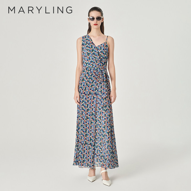 MARYLING玛俪琳24夏新品不对称V领腰系带格纹印花长裙A1