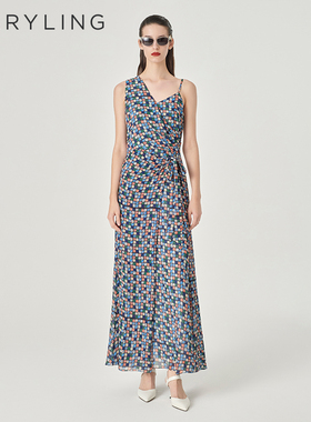 MARYLING玛俪琳24夏新品不对称V领腰系带格纹印花长裙A1ECW64380