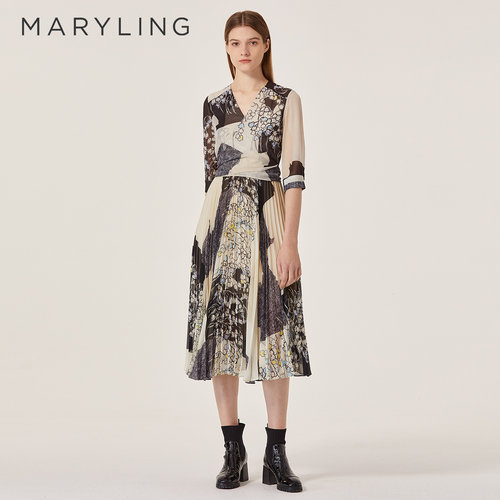 MARYLING玛俪琳夏季新品艺术印花连衣裙高腰V领百褶裙子A1AA65280