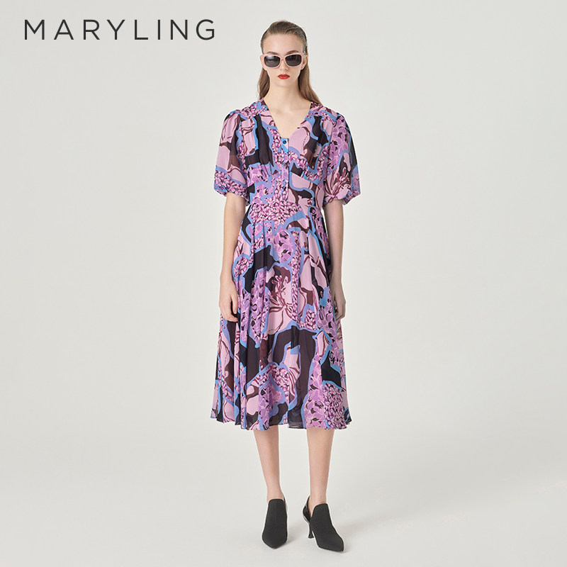 MARYLING玛俪琳24春季新品【暗香浮动】V领印花连衣裙A1