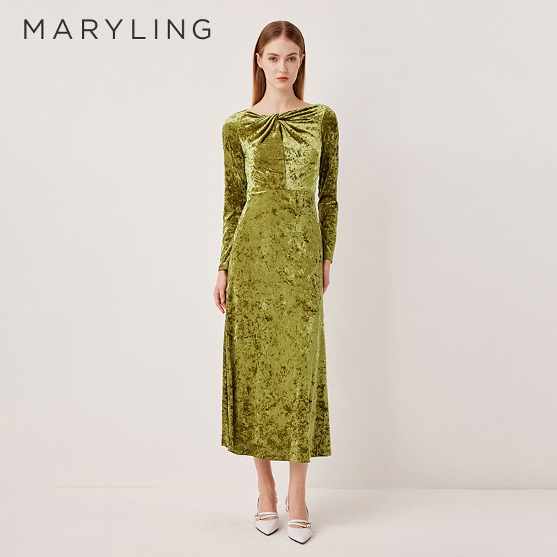 MARYLING玛俪琳2025初秋新品金色丝绒长款礼服连衣裙A1