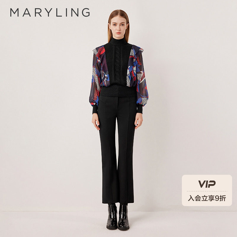 MARYLING立体剪裁高腰直筒长裤