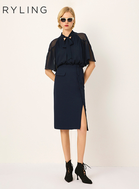 MARYLING玛俪琳2025春季新品黑色V领蝴蝶结桑蚕丝上衣A1FBW20340