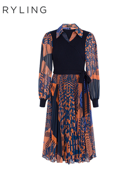 【镜面印象】MARYLING玛俪琳冬新品针梭印花连衣裙A1EHW62850