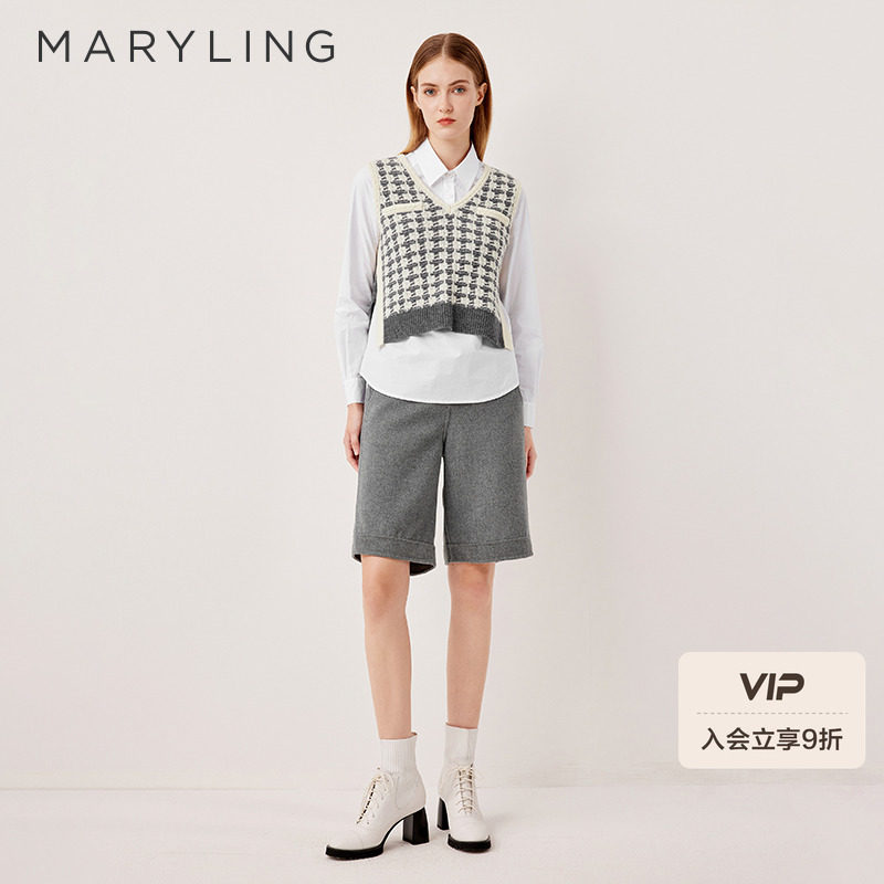 MARYLING玛俪琳2025秋季新品灰白格V领无袖针织背心A1