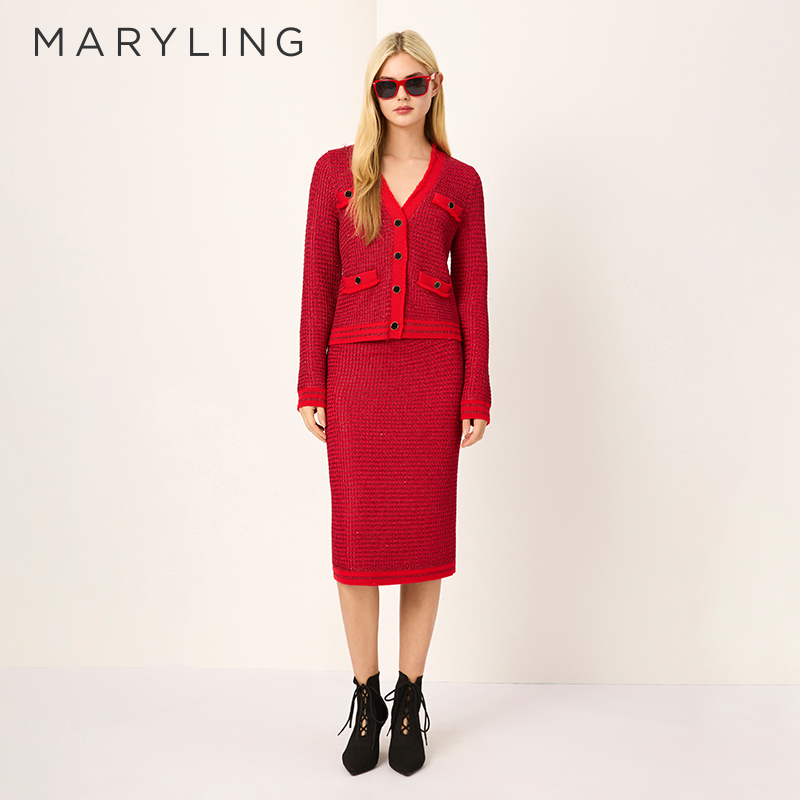 MARYLING嫣红色针织开衫