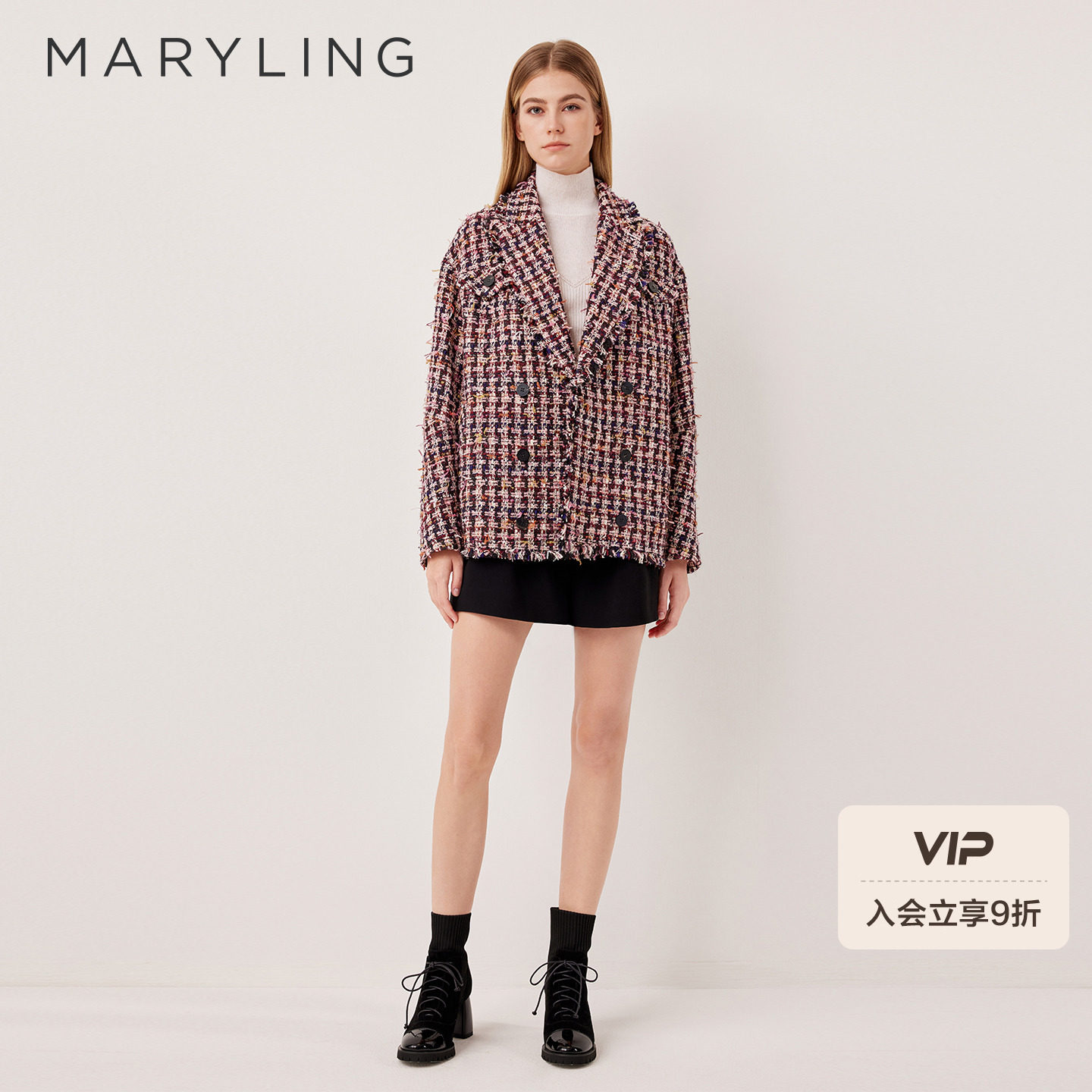 MARYLING玛俪琳2025冬季新品粗纺花纱格纹翻领短款大衣A