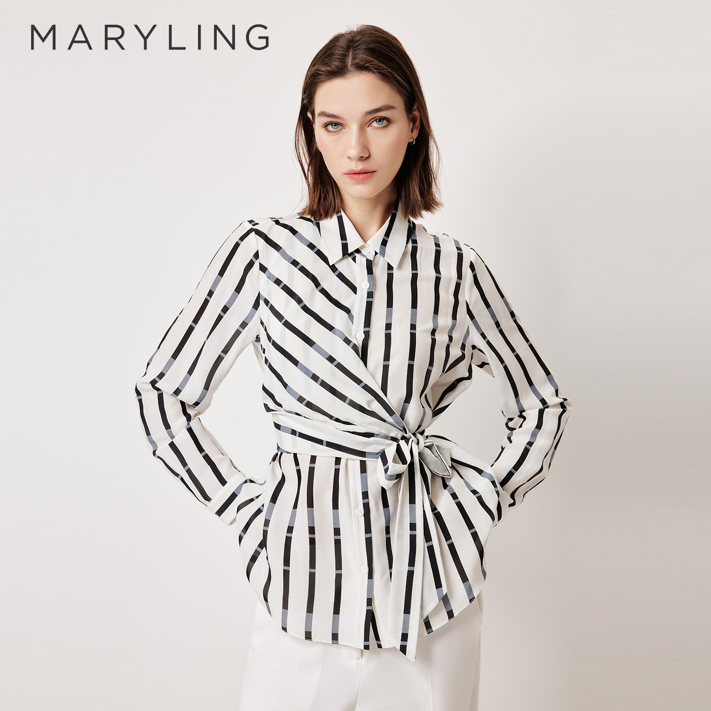 MARYLING玛俪琳2026春季新品简约法式条纹黑灰撞色衬衫A1GBW2056X