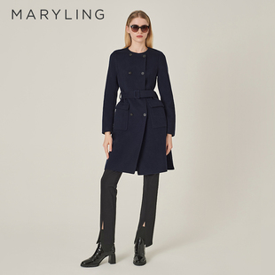 MARYLING玛俪琳初冬新品深蓝色无领双排扣大衣外套A1EHW93580