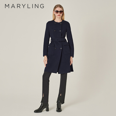 MARYLING深蓝色无领双排扣大衣