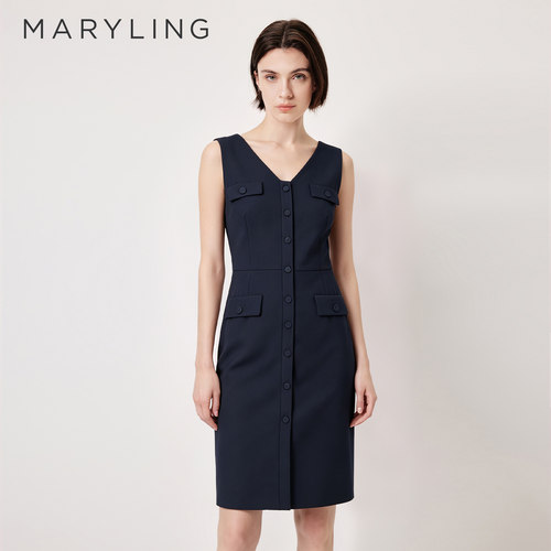 MARYLING复古V领多口袋背心裙