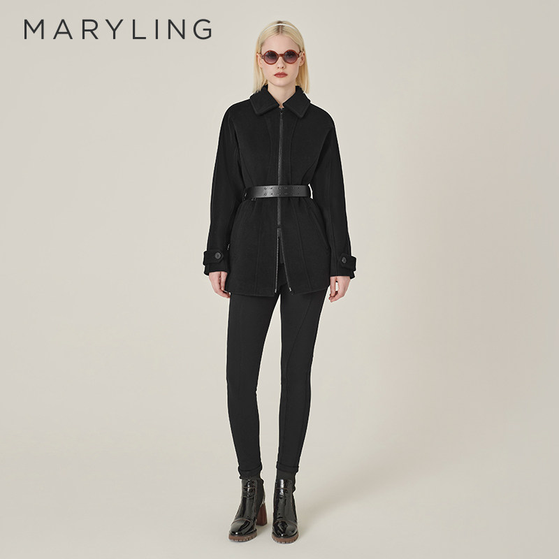 【明星同款】MARYLING玛俪琳冬季新品黑色修身翻领双面呢外套
