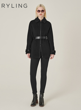 【明星同款】MARYLING玛俪琳冬季新品黑色修身翻领双面呢外套