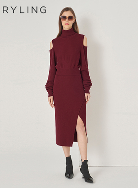 MARYLING玛俪琳秋季新品勃艮第红高领露肩针织连衣裙A1DGW04270