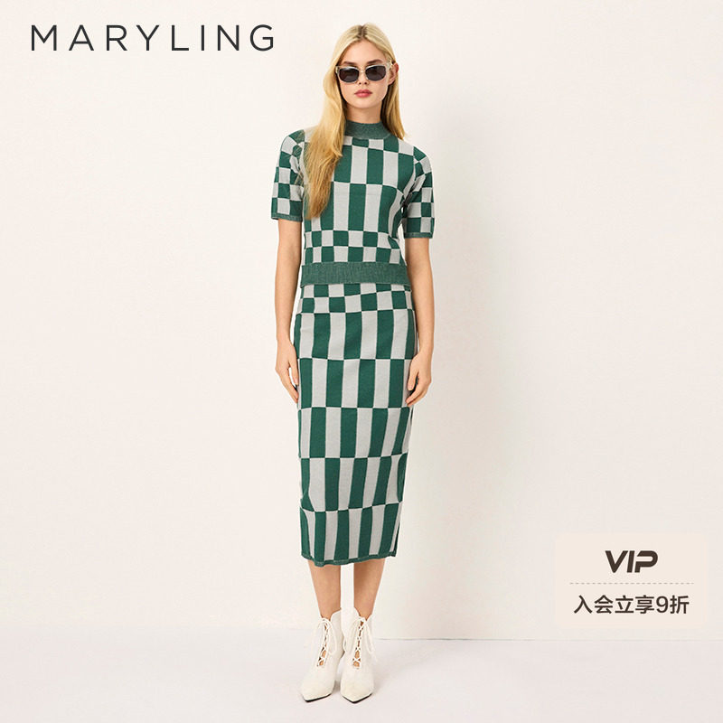 MARYLING玛俪琳2025初夏新品灰绿方格包臀直筒半裙A1F