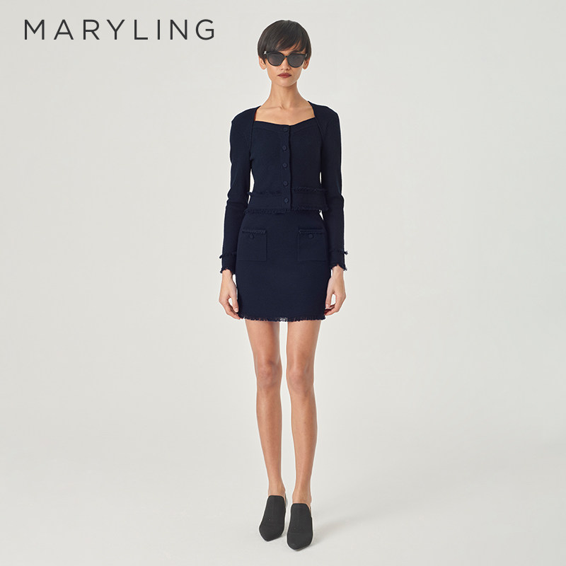 MARYLING玛俪琳初春新品深蓝V领毛边细节针织开衫A1EAW08030
