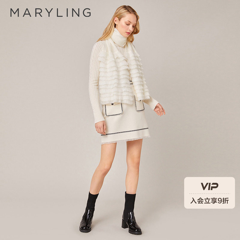 MARYLING玛俪琳2021冬季纯色层叠荷叶边马海毛保暖围巾A