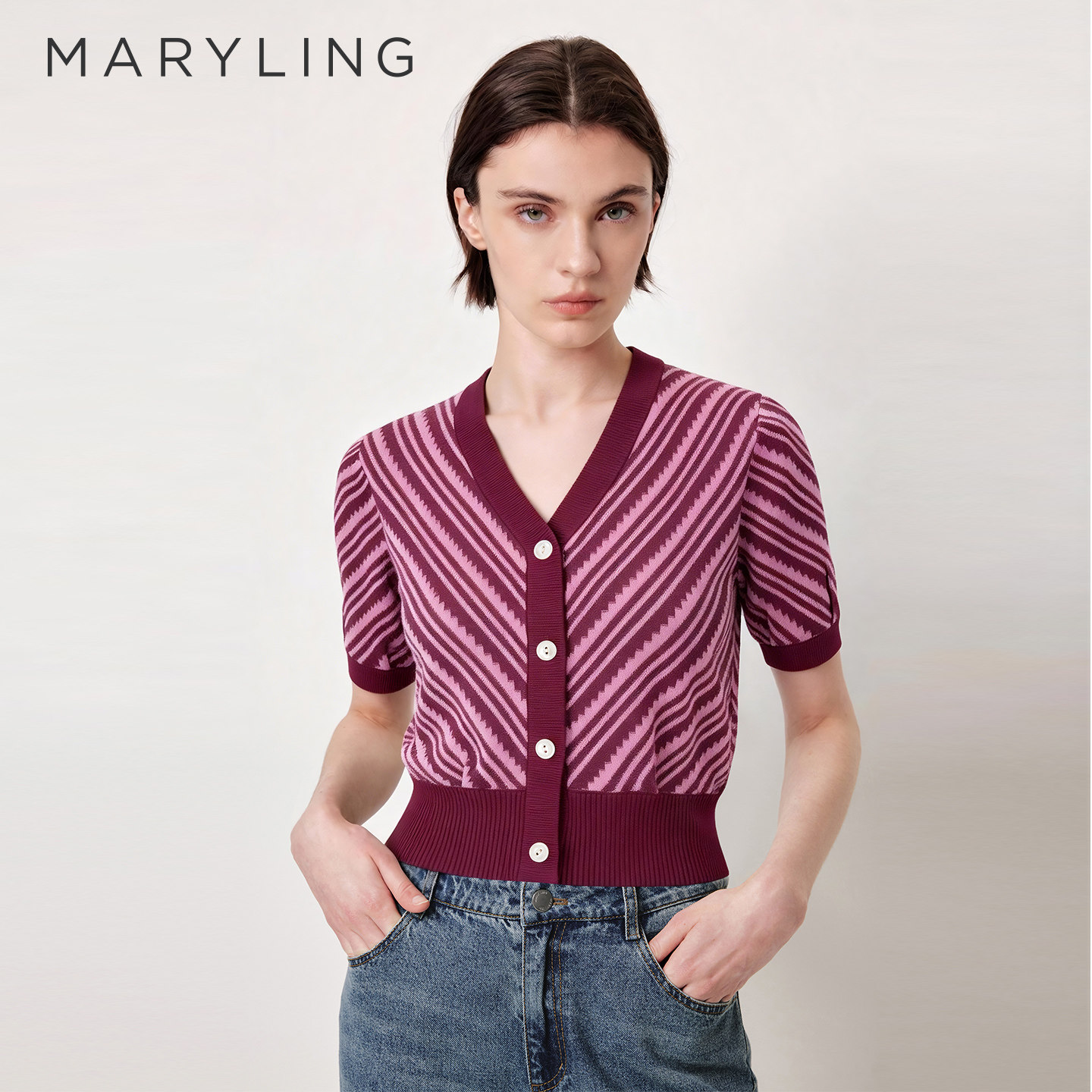 MARYLING玛俪琳初秋新品红莓果V领针织开衫A1EFW09030