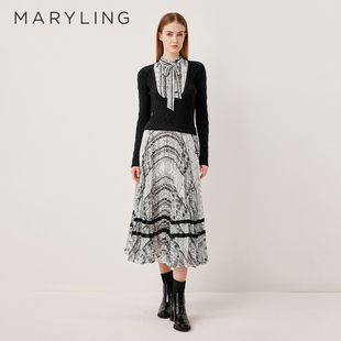 MARYLING玛俪琳2025秋季新品针梭黑白线条印花连衣裙A1FGW61840