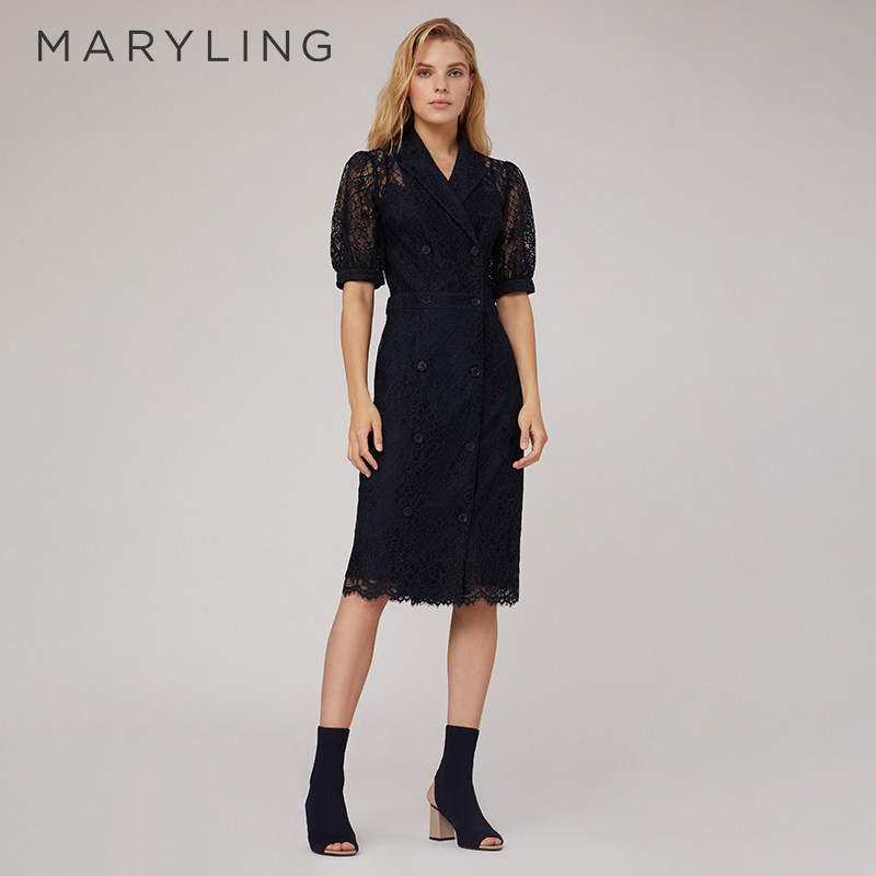MARYLING玛俪琳春秋午夜蓝西装裙泡泡袖蕾丝连衣裙A1CAW