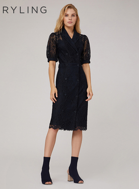 MARYLING玛俪琳春秋午夜蓝西装裙泡泡袖蕾丝连衣裙A1CAW61440