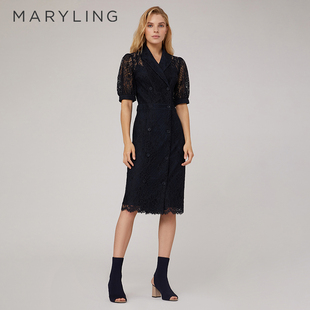 MARYLING玛俪琳春秋午夜蓝西装 蕾丝连衣裙A1CAW61440 裙泡泡袖