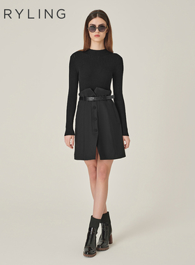 MARYLING玛俪琳秋新品黑色羊毛针梭织小A摆连衣裙A1EGW61370