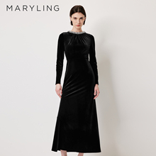 【辰辰同款】MARYLING玛俪琳2026春夏新品圆领黑色钉钻丝绒礼服裙