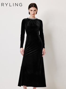 【辰辰同款】MARYLING玛俪琳2026春夏新品圆领黑色钉钻丝绒礼服裙