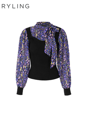 MARYLING玛俪琳秋季新品飘带针梭配真丝印花上衣A1EGW26420