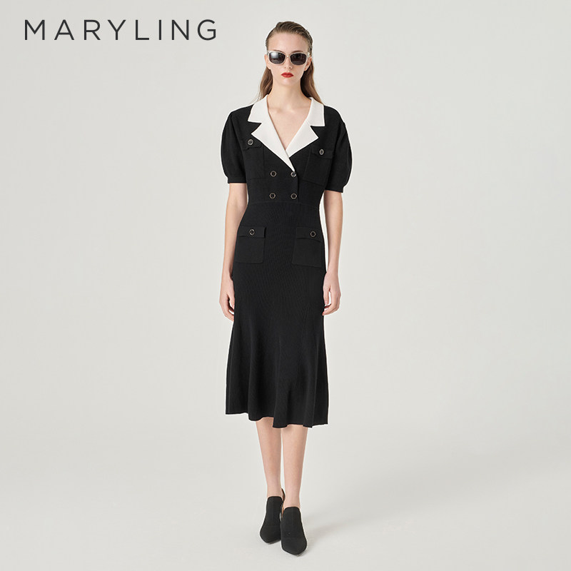 MARYLING玛俪琳春季新品黑白色翻领短袖针织连衣裙A1EBW04090