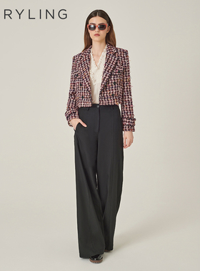 MARYLING玛俪琳秋新品粉黑色H廓型短款粗花呢外套A1EGW90010