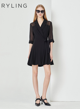 MARYLING玛俪琳春黑色一片式荷叶边裙摆西装连衣裙A1DCW62050