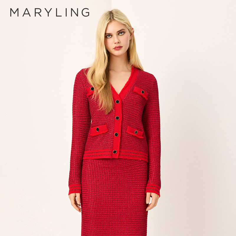 MARYLING嫣红色针织开衫图片