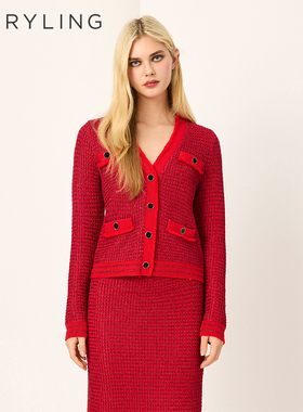 MARYLING玛俪琳2025初春新品嫣红色细闪纱线针织开衫A1FAW09020