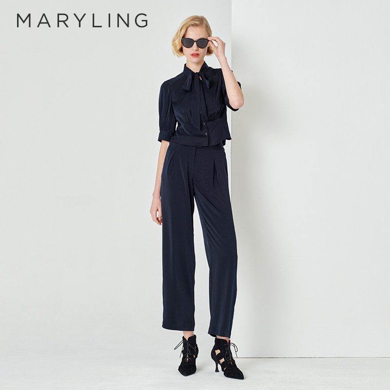 MARYLING玛俪琳夏季新品深蓝色绑带系蝴蝶结上衣A1DCW2