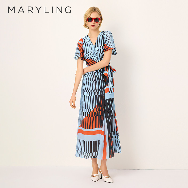 MARYLING玛俪琳2025夏季新品V领不对称腰节真丝茶歇裙A
