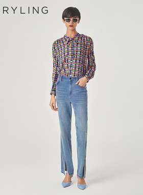 MARYLING玛俪琳24初春新品紫蓝色格纹乔其印花长袖衬衫A1EAW20260