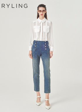 MARYLING玛俪琳初春新品毛须边拼乔其衬衫领上衣A1EAW20100