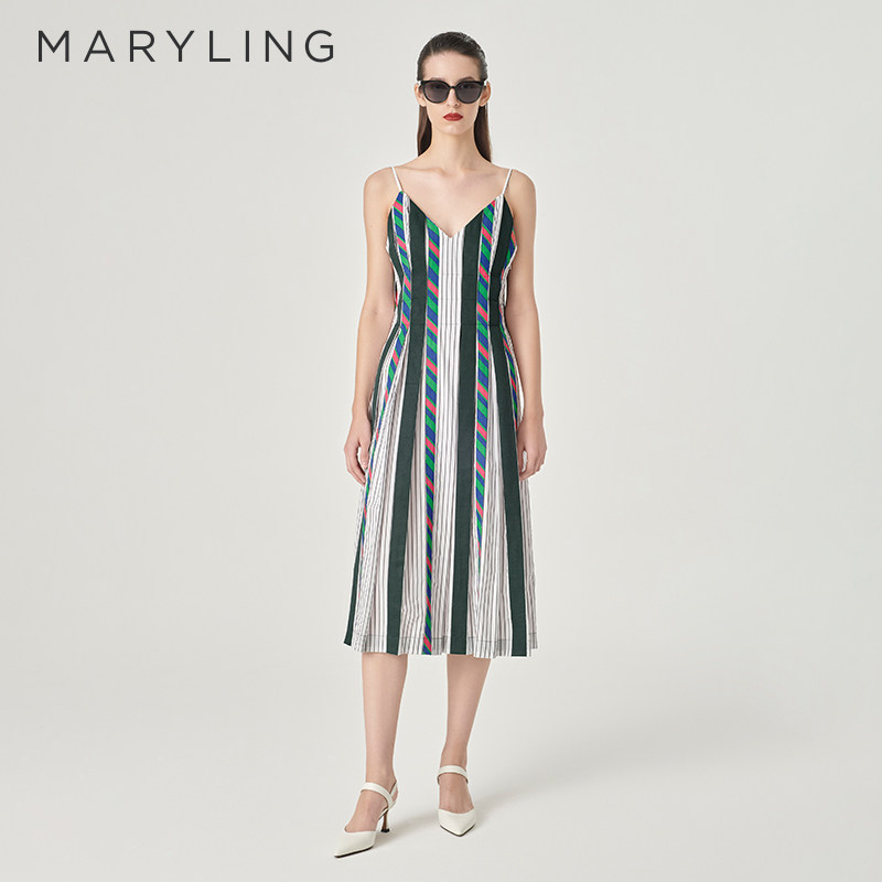 MARYLING玛俪琳春季新品彩条织带棉布吊带连衣裙A1EBW6