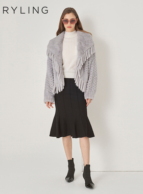 MARYLING玛俪琳冬季新品灰色斗篷流苏边翻领水貂皮草A1DHW9F030