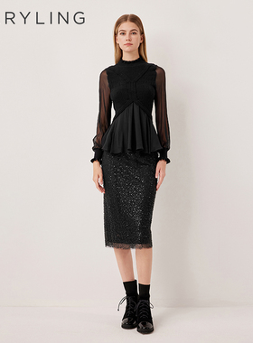 MARYLING玛俪琳2025秋季新品黑色亮丝双层拼接弹力半裙A1FGW72420