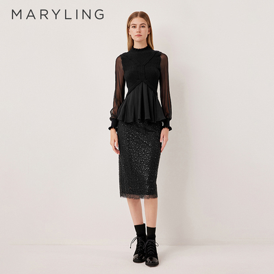 MARYLING黑色亮丝高腰直筒半身裙