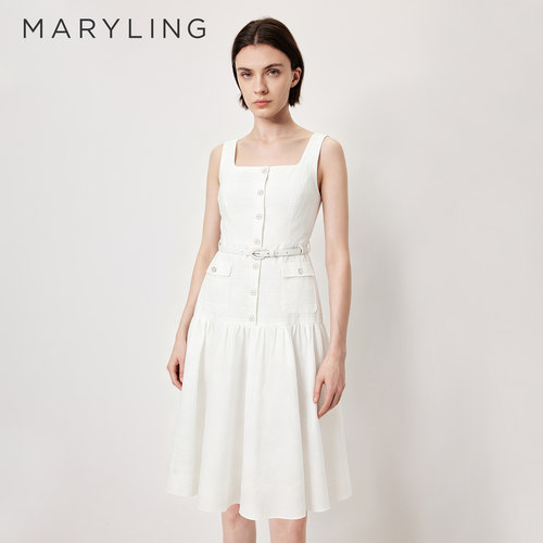 MARYLING玛俪琳2026夏新品浪漫优雅白色复古方领连衣裙A1GCW61820