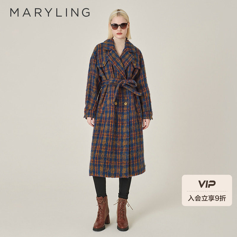 MARYLING玛俪琳初冬新品红蓝格纹双排扣H型大衣A1EHW9