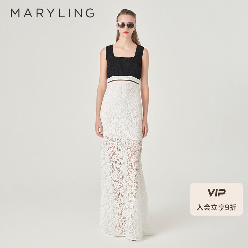 MARYLING玛俪琳24夏季新品黑白拼色方领蕾丝长款礼服裙A1