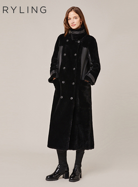 MARYLING玛俪琳时尚轻奢黑色双排扣立领中长款毛皮大衣A1BIW9S040