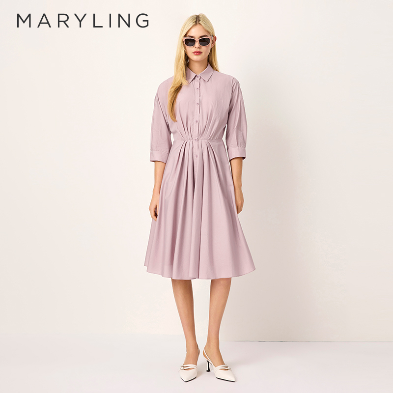 MARYLING雾粉色褶皱衬衫连衣裙