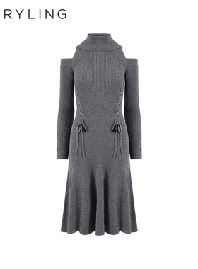 MARYLING玛俪琳2022秋季灰色露肩修身裙羊毛针织连衣裙A1CGW04120